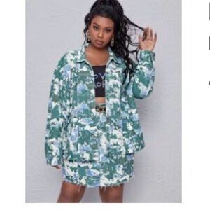 Plus Tie Dye Denim Jacket & Raw Hem Skirt Set